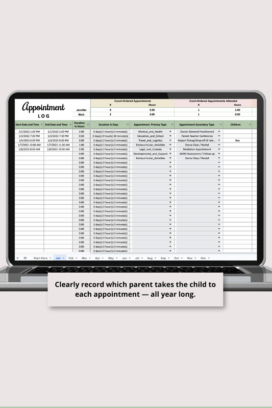 Appointment Log with Monthly and Annual Summaries Google Sheets Spreadsheet