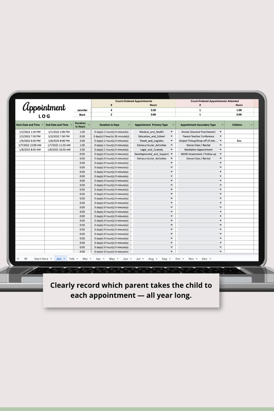 Appointment Log with Monthly Summaries Google Sheets Spreadsheet