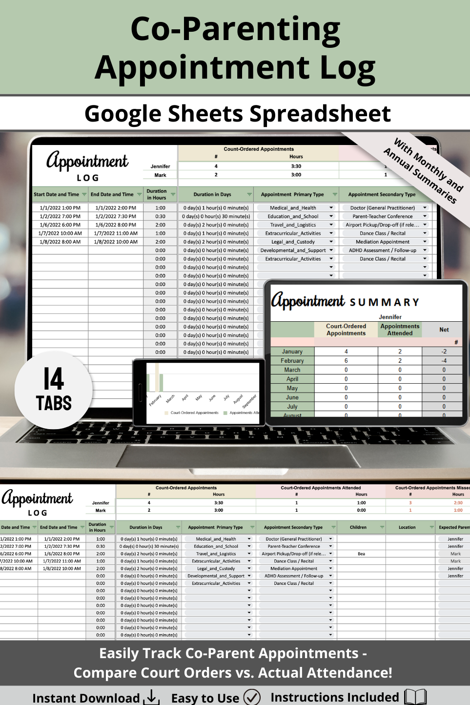 Appointment Log with Monthly and Annual Summaries Google Sheets Spreadsheet