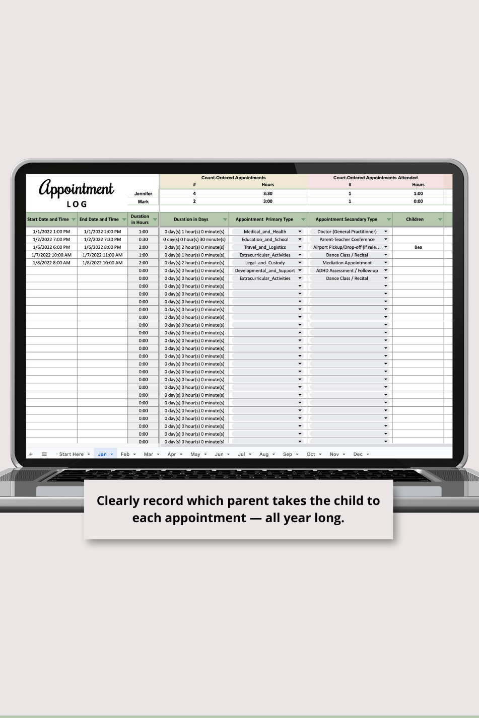 Appointment Log with Monthly and Annual Summaries Google Sheets Spreadsheet