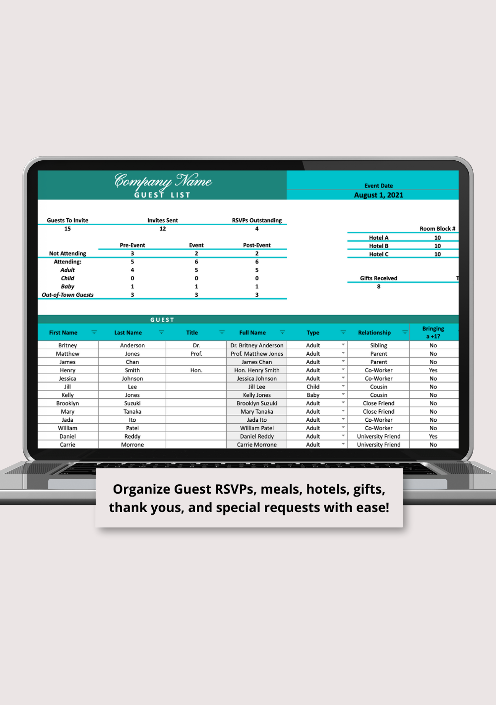 Blue and Green Gala Fundraiser Google Sheets Spreadsheet
