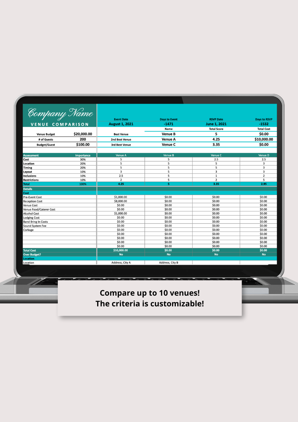 Blue and Green Gala Fundraiser Google Sheets Spreadsheet