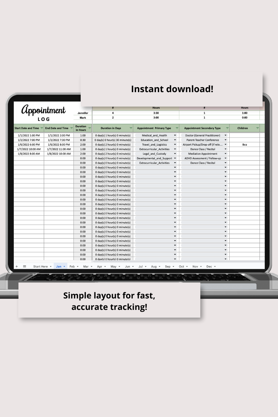 Appointment Log with Monthly and Annual Summaries Google Sheets Spreadsheet